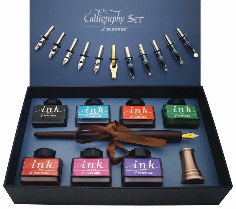 Plotube Calligraphy Pen Set â€“ Includes Wooden Dip Pen, Antique Brass Holder, 11 Nibs, 7 Colors Ink Bottles and Beginner's Manual - Image 1